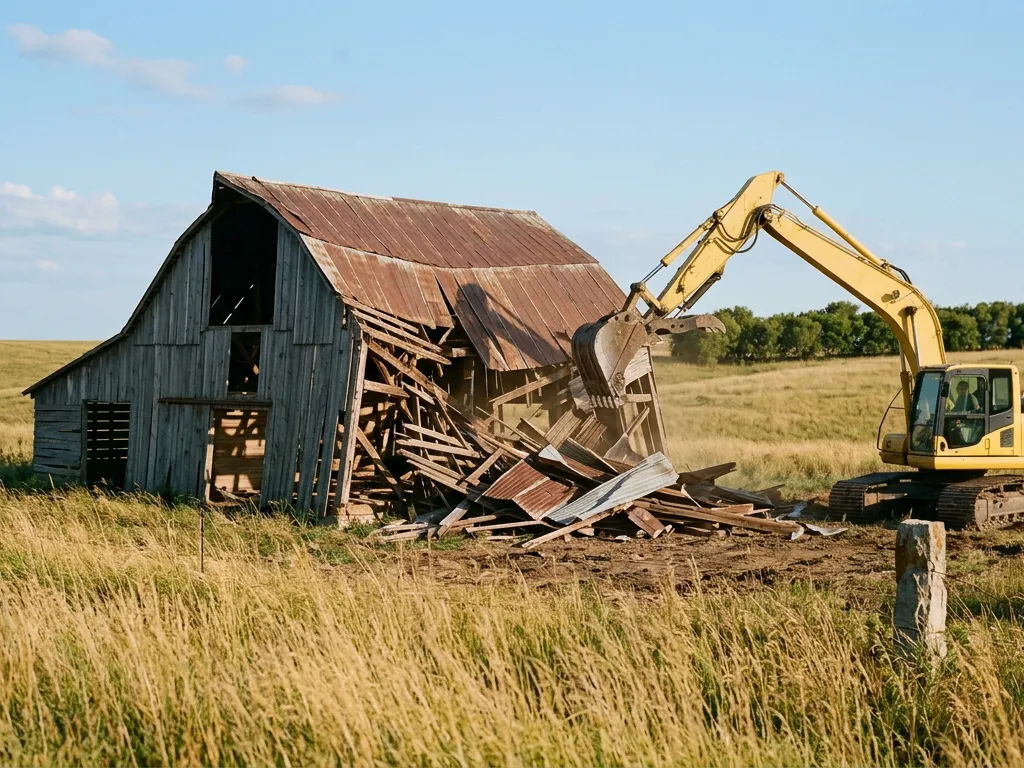 Excavator pulling down an old barn in the prairie outside Topeka, Kansas