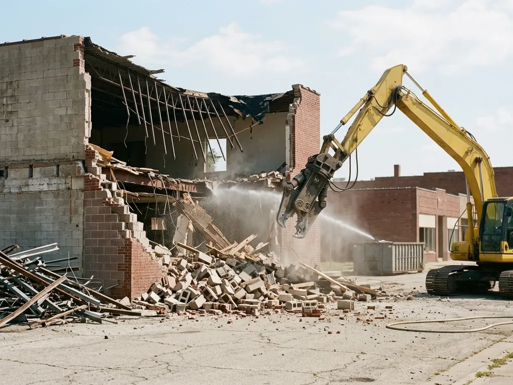 Excavator with a shear taking down a block and brick building in Topeka, Kansas