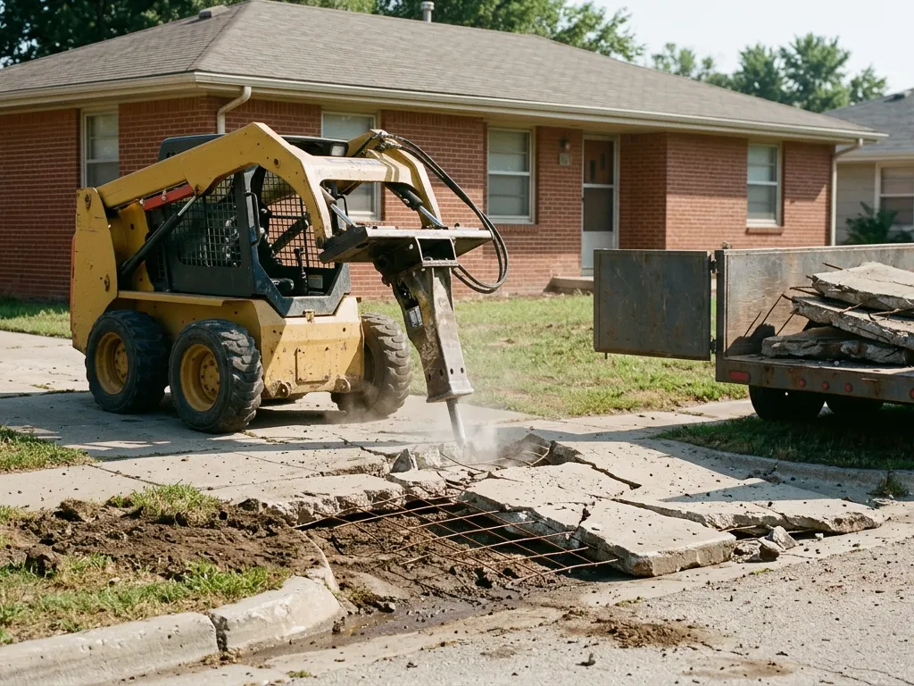 Skid steer breaking up an old concrete driveway in front of a brick ranch house in Topeka, Kansas