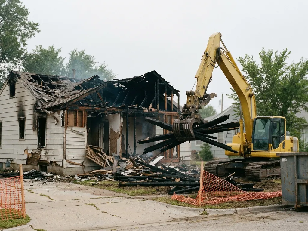 Excavator clearing a fire-damaged frame house in a small town near Scranton, Kansas