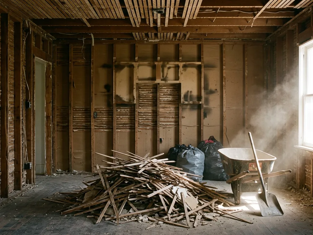 Interior of an older house gutted to the studs during demolition in Topeka, Kansas