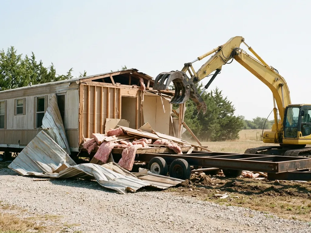Excavator taking apart an old single-wide mobile home on a rural lot near Overbrook, Kansas