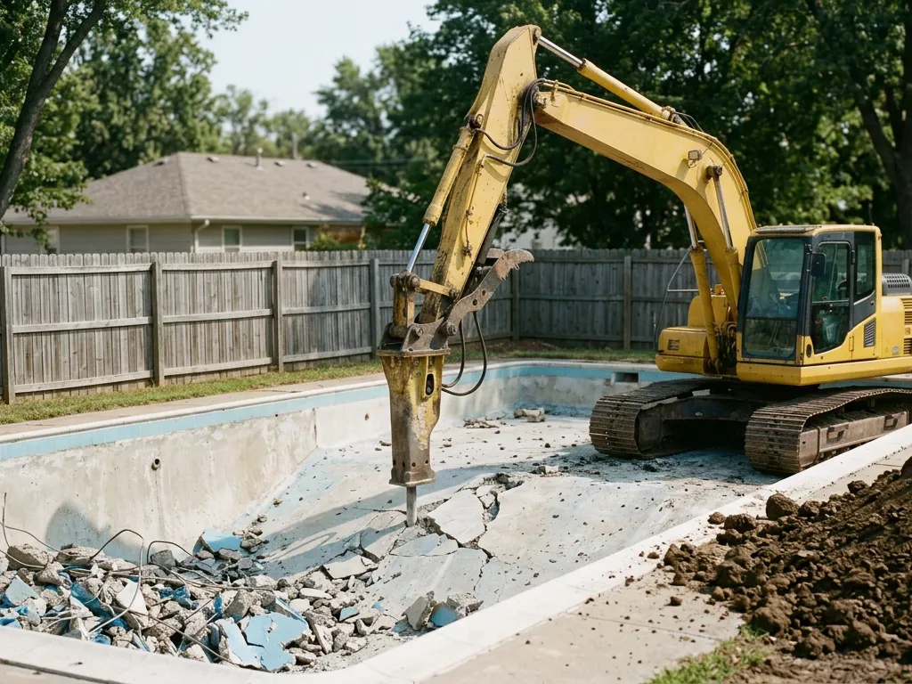 Excavator with a hydraulic breaker cracking an emptied concrete pool in a Topeka, Kansas backyard
