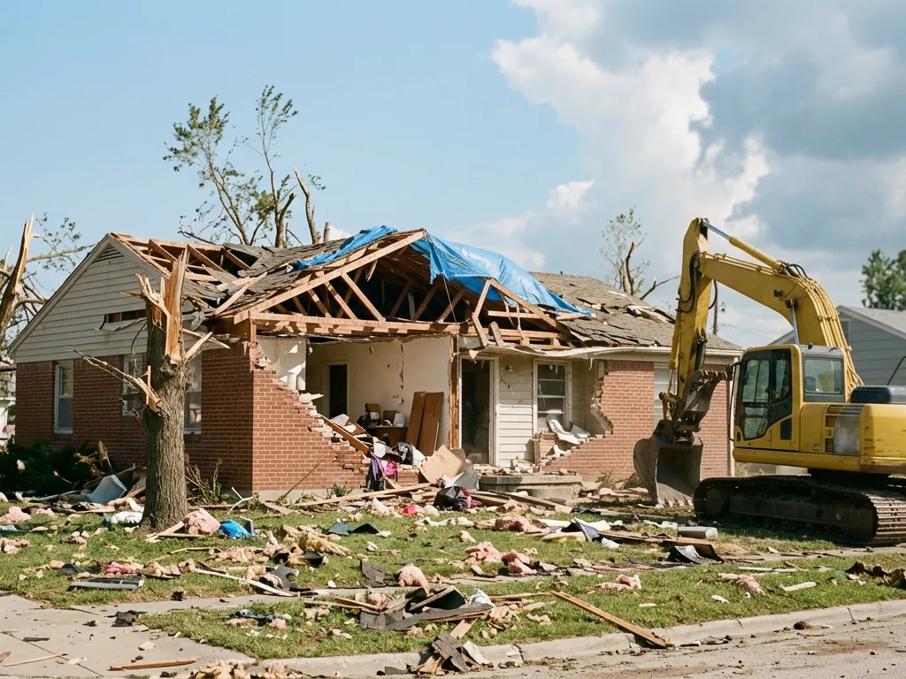 Damaged brick house with a broken roof and chimney awaiting removal in Topeka, Kansas